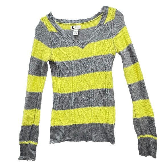 Women’s Small Sweater S.O. Grey and Yellow Striped Knit Long Sleeve Y2K Retro‎ - Picture 1 of 11